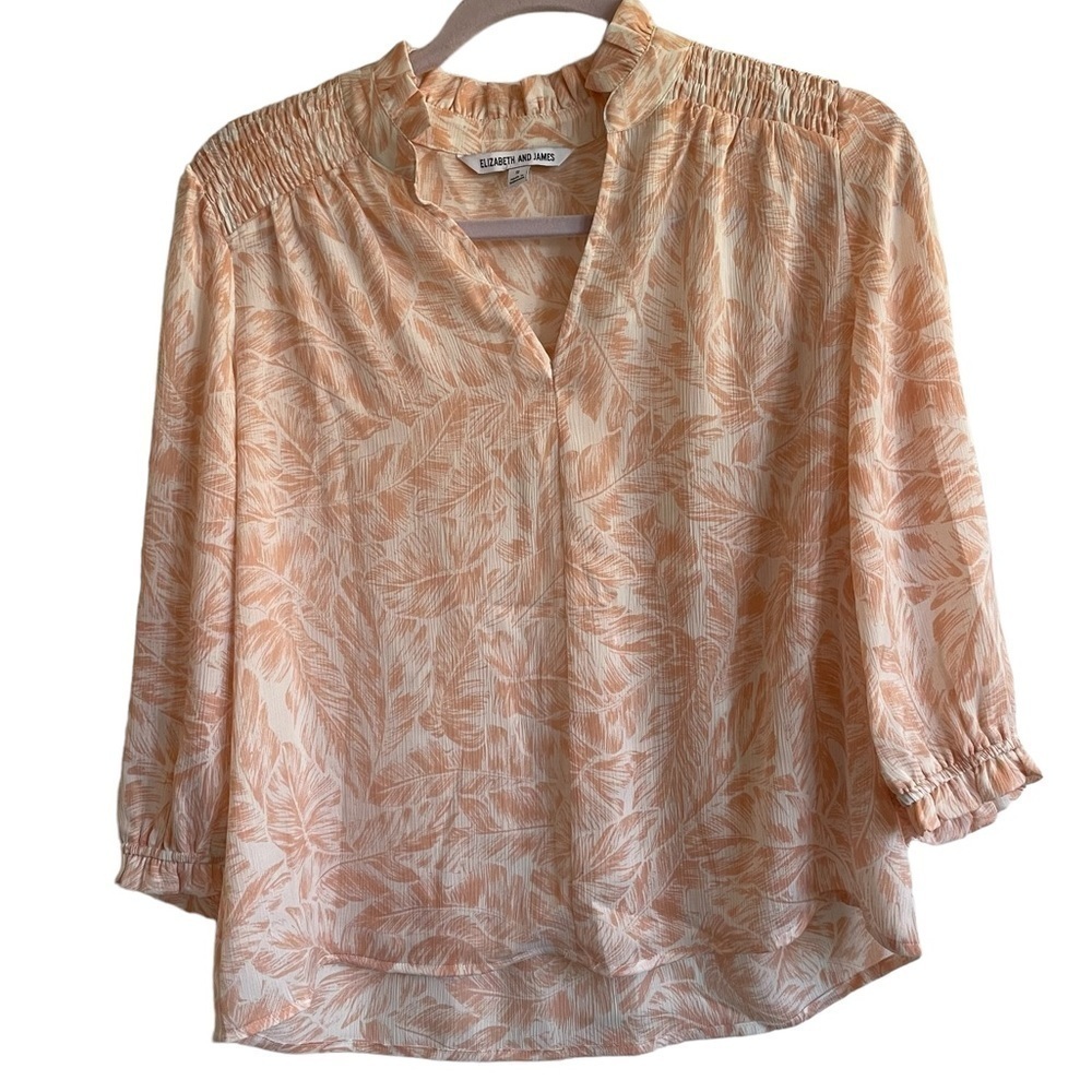 Elizabeth and James Peach Leaf-Print Smocked Shoulder Blouse